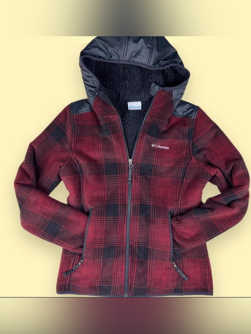 Columbia Women's Red and Black Plaid Hooded Fleece Lined Jacket